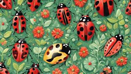 Red and Yellow Ladybugs in Green Meadow