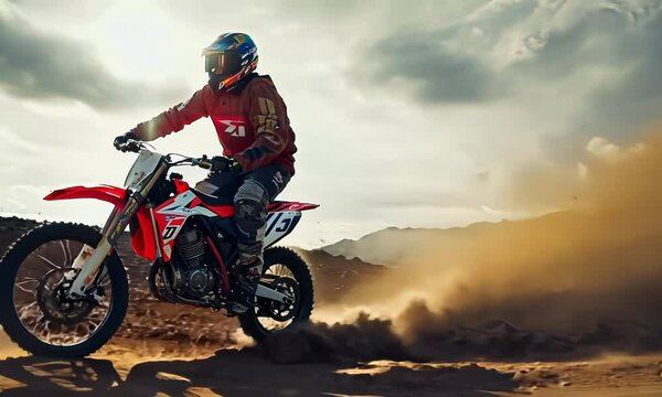 Motorcycle racing on a dirt track with dust flying, Video