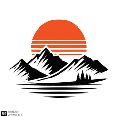 set of mountain scene illustration graphic design black and white vector clip art silhouette