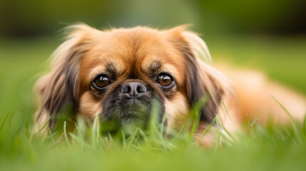  A tight shot of a dog reclining in the grass, tongue out and gazing at the camera