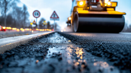 A detailed shot of asphalt being smoothed over a roadway by a heavy roller machine, with road construction signs visible in the background.