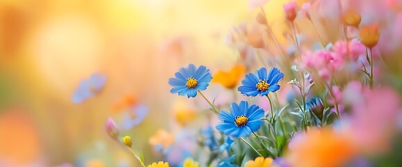 Close-up of blue wildflowers in a field of colorful blooms with a soft, out-of-focus background.