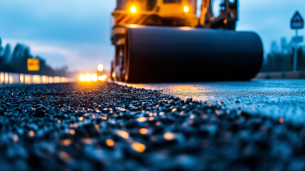 A detailed shot of asphalt being smoothed over a roadway by a heavy roller machine, with road construction signs visible in the background.