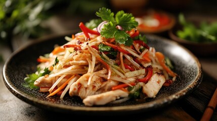 Artistic presentation of Thai green papaya salad with grilled chicken on a plate, highlighting the colorful ingredients and traditional flavors.