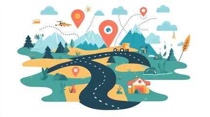 A colorful illustration depicting a road trip route planning mind map, symbolizing adventure, exploration, travel planning, destination discovery, and freedom.