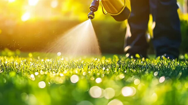 Worker spraying pesticide on a green lawn outdoors for pest control: A close-up view. Concept Pesticide Application, Pest Control, Green Lawn, Close-up Shot, Outdoors