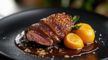 Fototapeta premium A beautifully plated duck breast garnished with citrus on a dark plate, showcasing a rich sauce and vibrant colors.