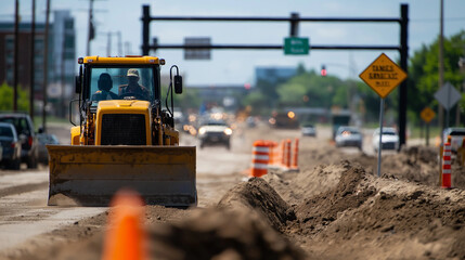 Fototapeta premium Close-up of a bulldozer pushing dirt at a construction site, with traffic diverted signs and construction barriers in the background.