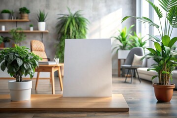 Obraz premium Tucked away on a cluttered desk amidst overflowing plants, a pristine sheet of paper sits, waiting for creative