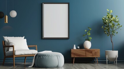 Modern living room interior design with armchair, pouf, wooden commode, poster frame, and blue wall decor.