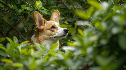  A small, brown-and-white dog sits in a bush, gazing upwards with a sad expression