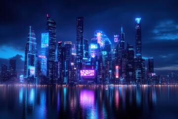Fototapeta premium A futuristic city skyline illuminated by glowing holographic advertisements, showcasing advanced technology and vibrant neon lights