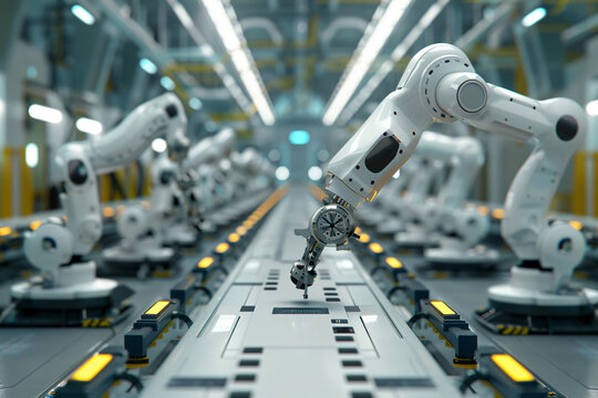 Robotic arm production line. Manufacturing industry automation concepts. 