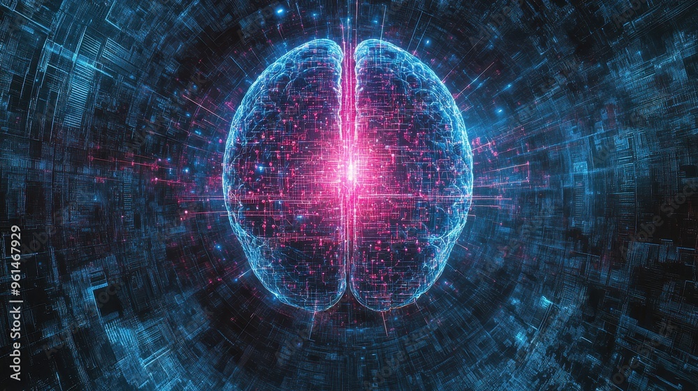 Poster illuminated cybernetic brain: futuristic binary code matrix