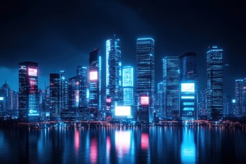 Fototapeta premium A futuristic city skyline illuminated by glowing holographic advertisements, showcasing advanced technology and vibrant neon lights