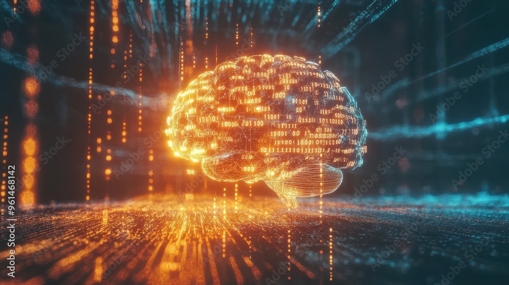 Poster digital mindscapes: futuristic brain with cybernetic connections and binary code patterns