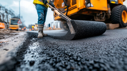 Close-up of asphalt being spread by a construction worker, with heavy roadwork machinery and signs in the background.