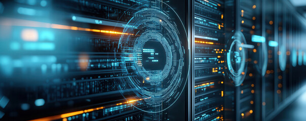 Obraz premium A futuristic cloud data center surrounded by holographic shields and firewalls, with data streams flowing securely