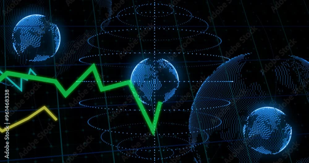 Poster Green financial graph over digital animation of Earth and data points