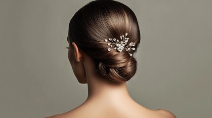 Beautiful woman with a sophisticated low bun and delicate hair accessories, ideal for a wedding or special occasion.