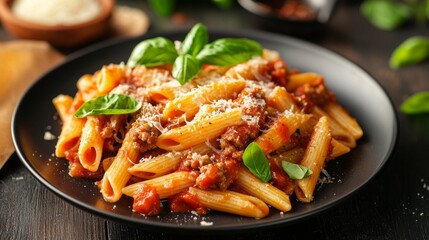 Sausage penne Pasta with tomato sauce, parmesan cheese and basil on black plate
