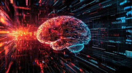 Digital Revolution: Futuristic Brain Illuminated by Binary Code and Computing Circuits