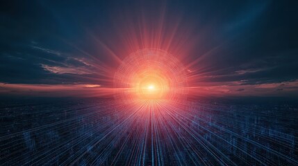 Glowing digital data streams flowing through a virtual cityscape, futuristic glowtime, tech innovation and connectivity.