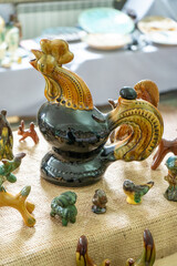 Clay rooster. Ukrainian glazed ceramics. Bird figurine. Vasylkiv majolica