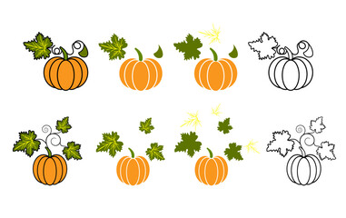 Pumpkin, drawing lesson. A cartoon pumpkin on a white background. Pumpkin drawing components. Color fill and black-and-white outline coloring book