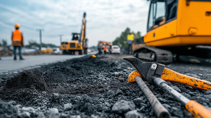 A view of construction tools laid out on a pile of gravel, with road repair work and vehicles in the background.