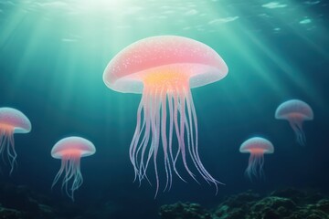 Glowing bioluminescent sea creatures in a deep ocean scene, marine glowtime, mysterious and awe-inspiring.