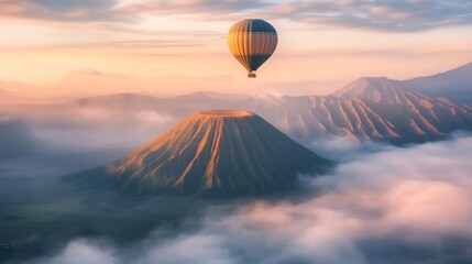 Hot Air Balloon Soaring Over Majestic Mountain Peak