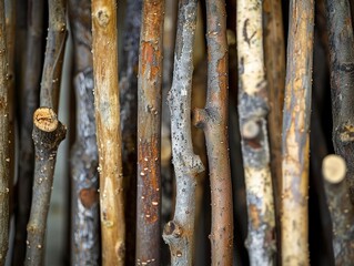 Obraz premium Close-up of bundled, natural wooden sticks, arranged vertically, showing various textures and colors.