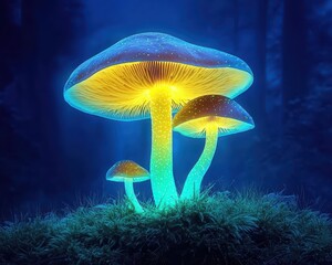 Glowing mushrooms in a dark enchanted forest, bioluminescent glowtime, otherworldly and mystical, nature's hidden wonders.