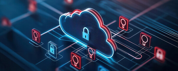 A cloud computing network with multiple layers of security shields, locks, and firewall icons, protecting data transmission