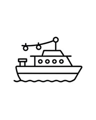 Editable stroke vector illustration of a boat on the harbor with decorative lights.