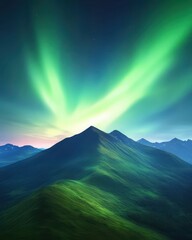 Stunning mountain landscape illuminated by vibrant aurora borealis in twilight colors, showcasing nature's breathtaking beauty.