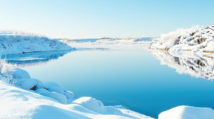 Winter Landscape with Snowy Shore and Frozen Lake