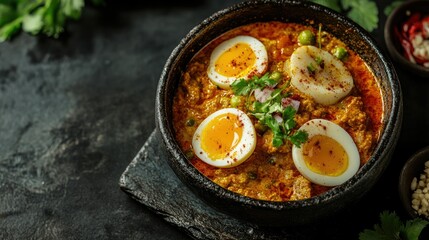 Egg hoppers served with spicy curry and sambol, a Sri Lankan specialty. Copy space available.