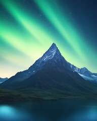 Stunning mountain landscape under vibrant northern lights, reflecting on a serene lake, showcasing nature's breathtaking beauty.