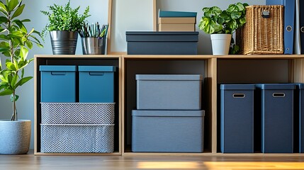 Storage boxes and wicker baskets on a wooden shelf bring warmth and organization to minimalist home decor.