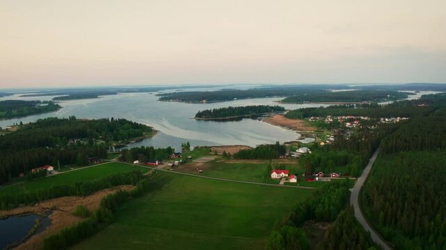 Aerial Drone Video of Northern Sweden Landscape with Forest Lakes and Rivers