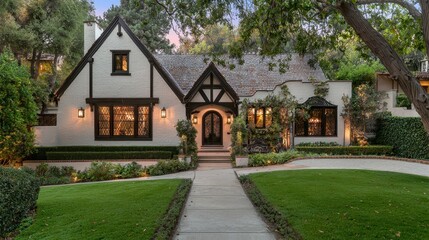 Charming Tudor Style Home with Lush Green Lawn and Stone Path