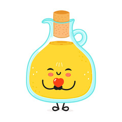 Olive oil holding a heart in hands character. Vector hand drawn cartoon kawaii character illustration icon. Isolated on white background. Olive oil in love character concept