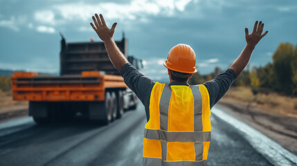 Back view of a road repairman, arms raised to guide a truck backing up toward a road repair site.