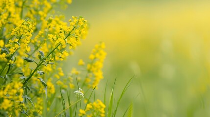 Obraz premium A tight shot of a mass of yellow blooms, backed by softly blurred green grass and yellow flowers