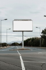 Empty Highway with Large Blank Billboard against Mountainous Landscape on Cloudy Day