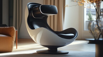 A modern chair with a built-in virtual reality headset stand and adjustable settings for immersive gaming and tech experiences
