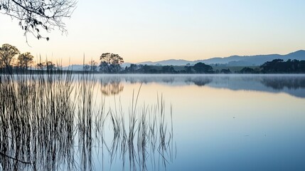 Fototapeta premium Peaceful Morning Mist Over Still Lake