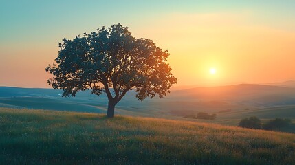 Obraz premium A solitary tree sits on a hilltop at sunset, framed by rolling hills and a warm sky.